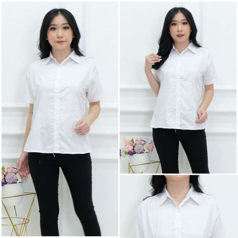 Kemeja putih polos wanita/atasan wanita kemeja kerja putih polos lengan pendek