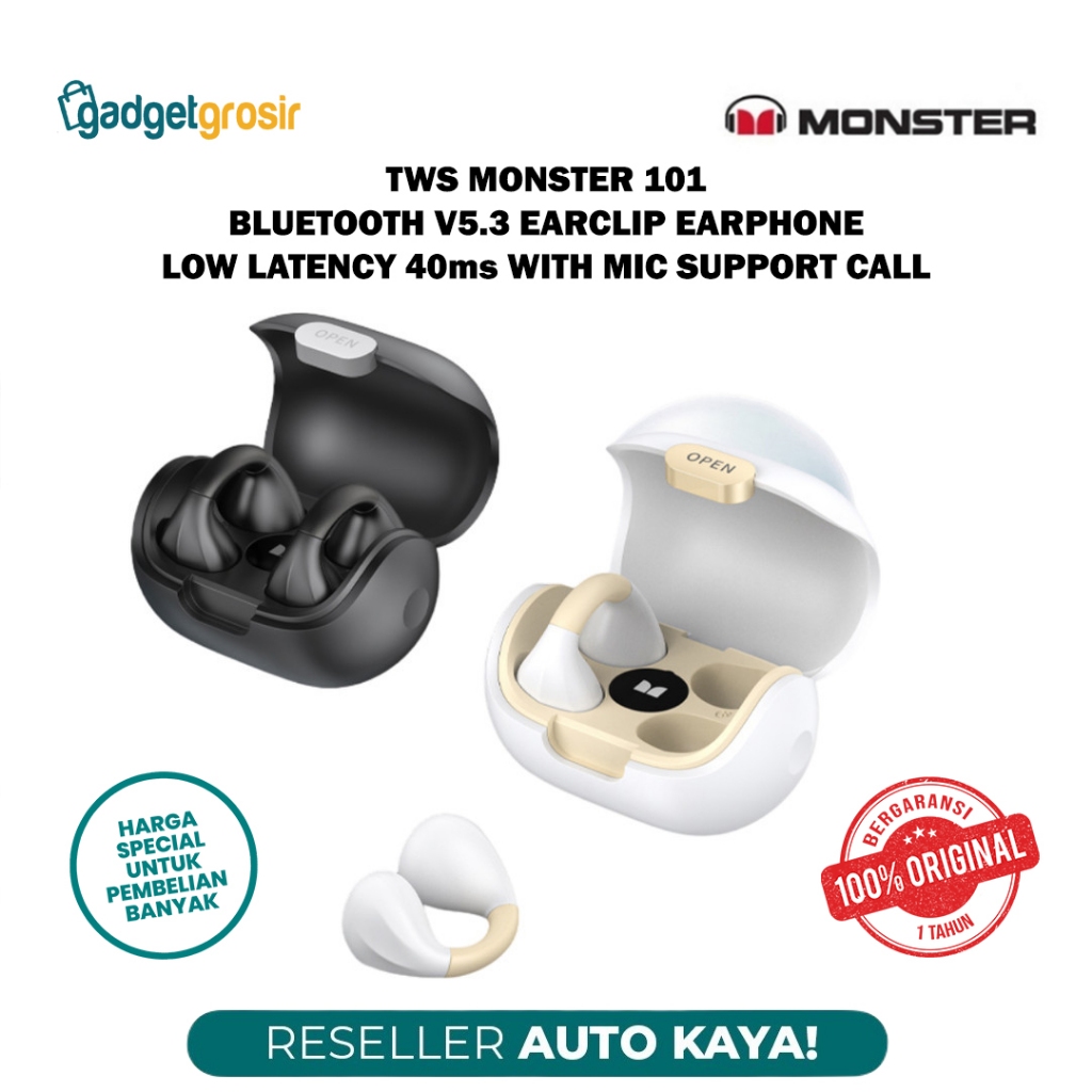 TWS Monster 101 Earclip Open Ear Headset Bluetooth 5.3 Earphone Sport Low Latency With Microphone