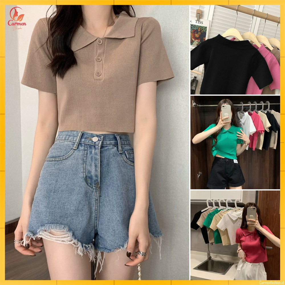 Kemeja Wanita Lengan Pendek Polos Bahan Rajut Kaos Berkerah / Atasan Crop Wanita Short Sleeeve Tshir