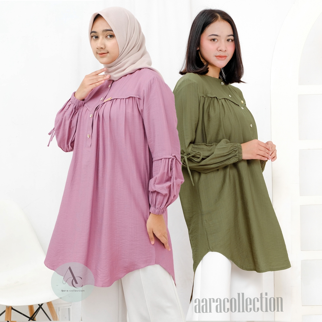 (Bisa COD) Kemeja Tunik Polo linen Premium Serut Tali Lengan / Atasan Baju Tunik Jumbo Wanita Kekini