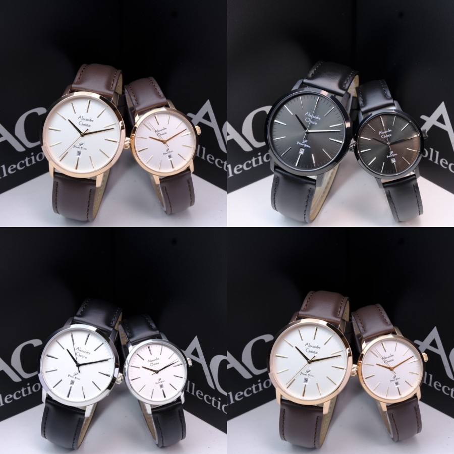 Jam Tangan Couple Alexandre Christie 1028 AC1028 Black Rose Gold Leather Terbaru Original