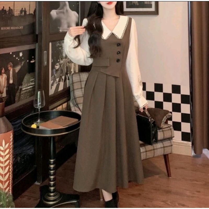 Dress MIDI Vintage Berkerah Korea Style