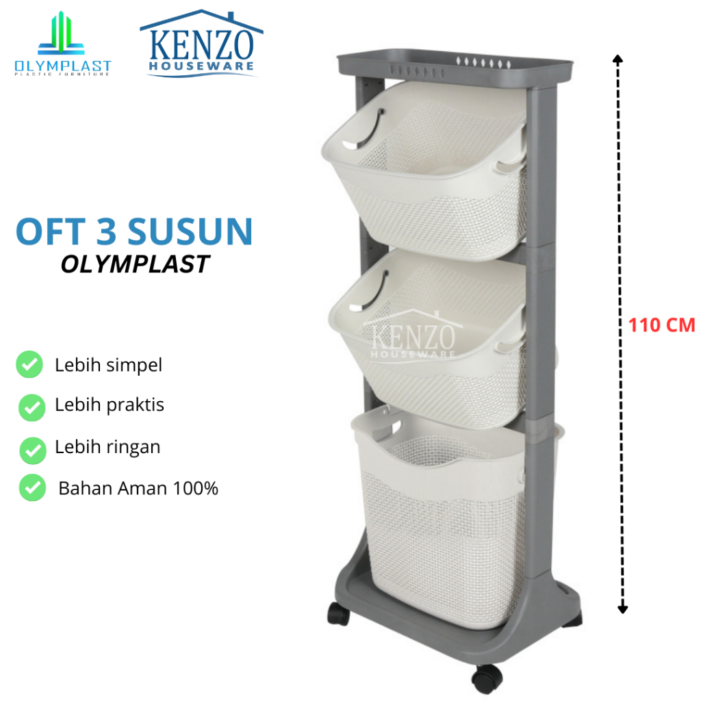 OFT Rak Trolley 3 Susun Laundry OLYMPLAST Keranjang Roda Baju Pakaian Kotor