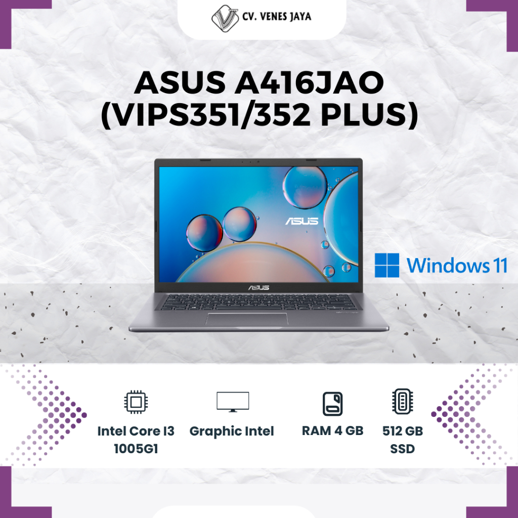 Asus VivoBook 14 A416JAO-VIPS351 Dan VIPS351/352 Plus /Core i3-1005G1/14″/Win 11 Home+OHS 2021/Trans