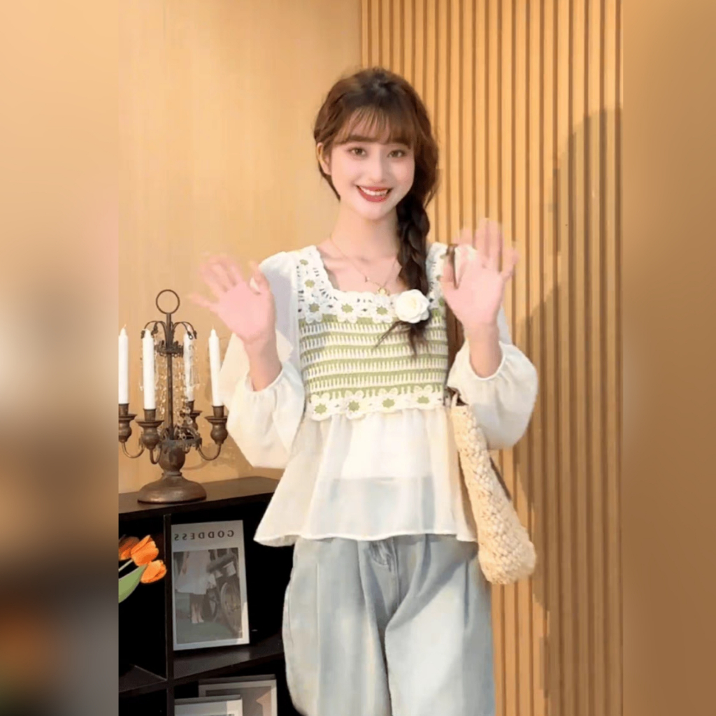 Atasan Korea Style Blouse Motif Bunga2 lucu Manis