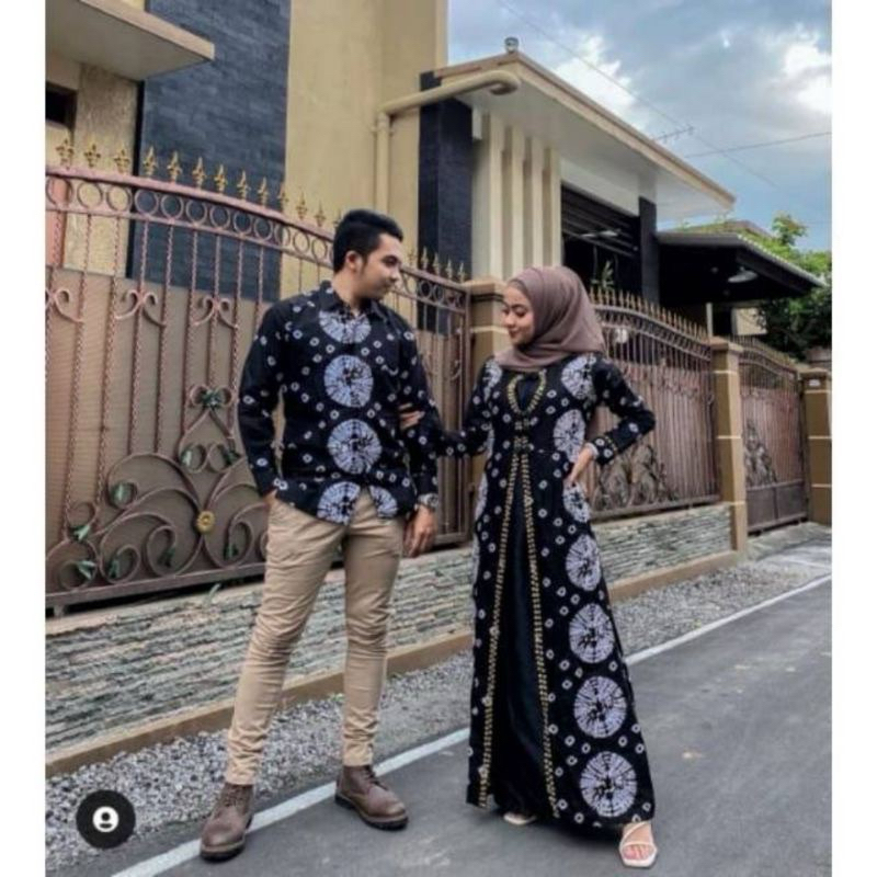 couple gamis jumputan Palembang katun print mewah