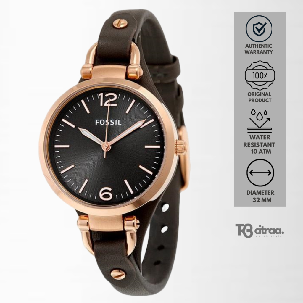 jam tangan fashion wanita Fossil Georgia analog strap kulit Smoke Leather Strap water resistant luxu
