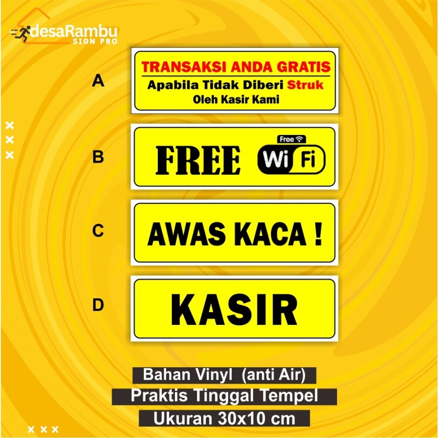 

Cetak Stiker Akrilik Rambu Informasi Ukuran 30 cm x 10 cm Awas Kaca / Free WIFI / Kasir Kasa