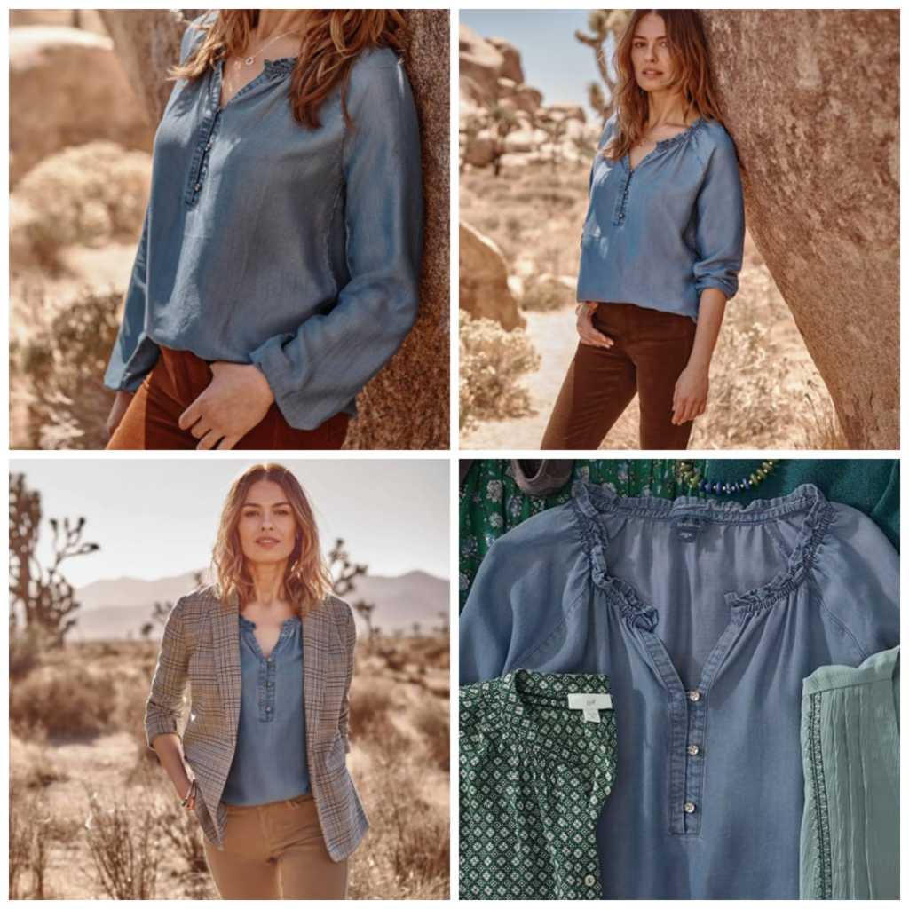 Blouse Denim J.Jill Ruffled Neckline A Shirt longsleeve Blue Chambray