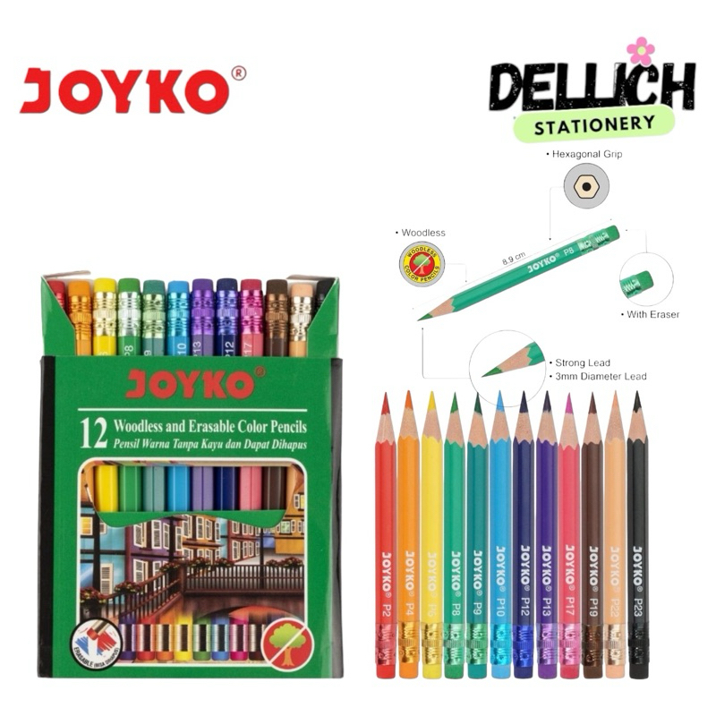 

PENSIL WARNA PENGHAPUS / ERASABLE 12 WARNA PENDEK JOYKO CP-120