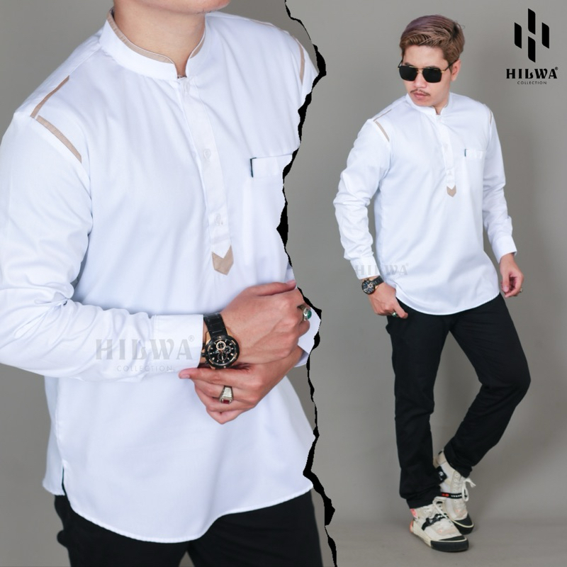 Hilwa Collection Kemeja Koko Pria Motif Hazard Lengan Panjang Katun Toyobo