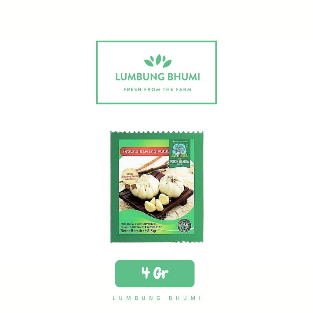 

CAP POHON MANGGA Tepung Bawang Putih Bubuk 4 Gr 1 Pcs - Lumbung Bhumi