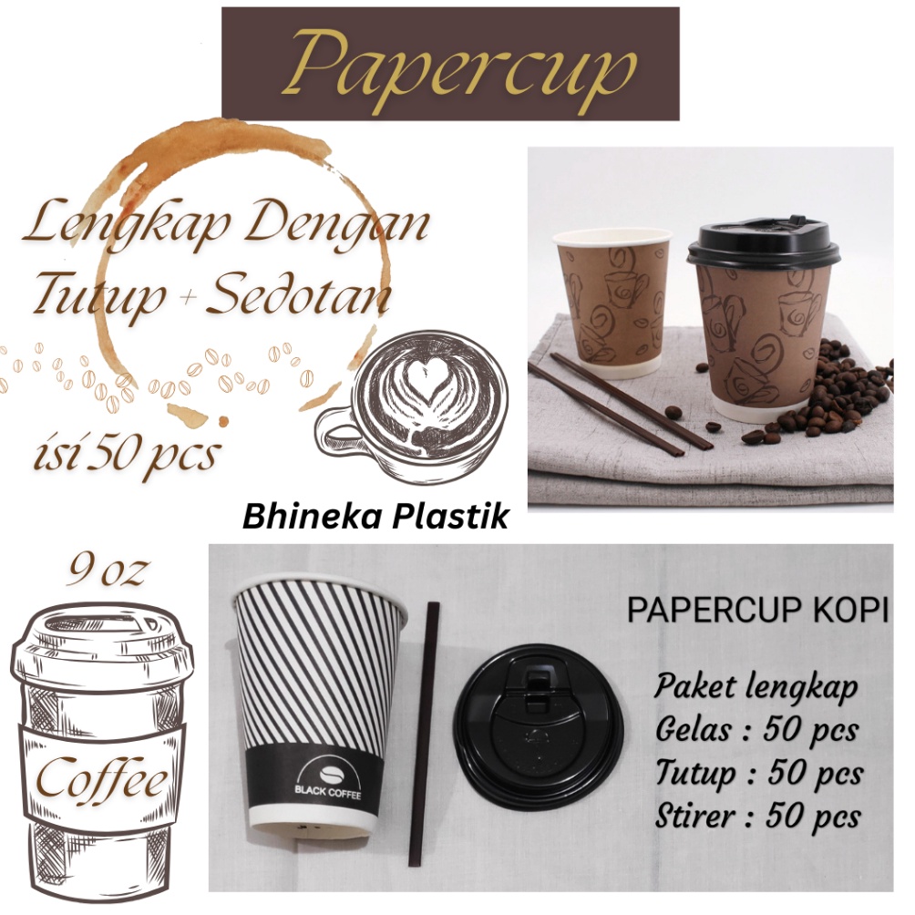 PRAKTIS PaperCupTutupsedotan 9 oz isi 5pcs Gelas Kertas Paper Cup Kopi Papercup