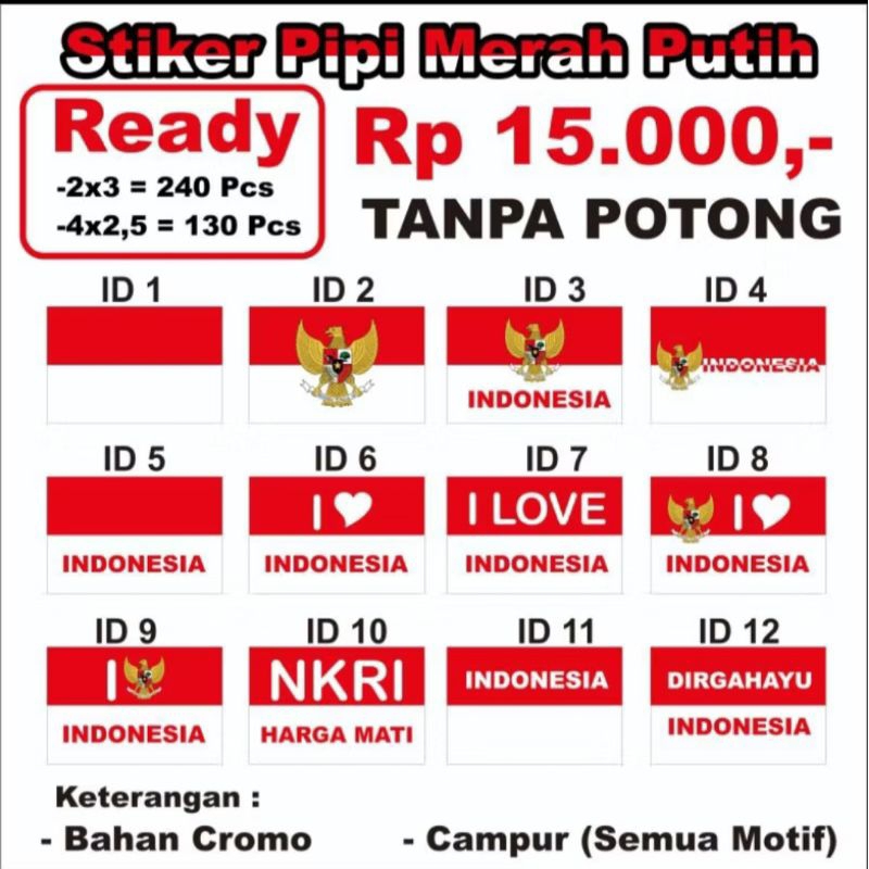 

250 STIKER PIPI MERAH PUTIH , belum dipotong