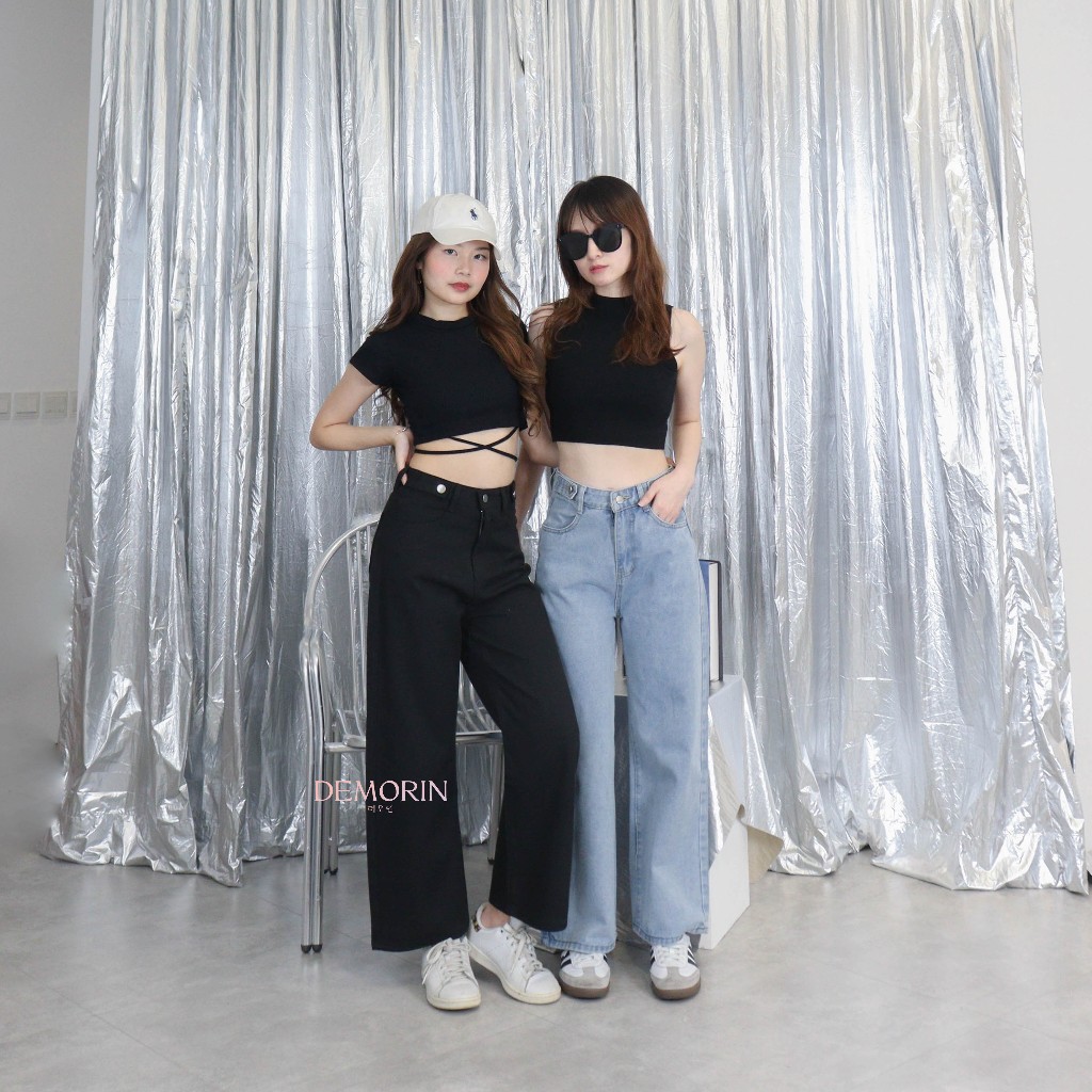 DEMORIN|Celana Panjang Jeans Kulot Panjang Wanita Loose Fit High Waist Cewek Bahan Denim Petite Jean