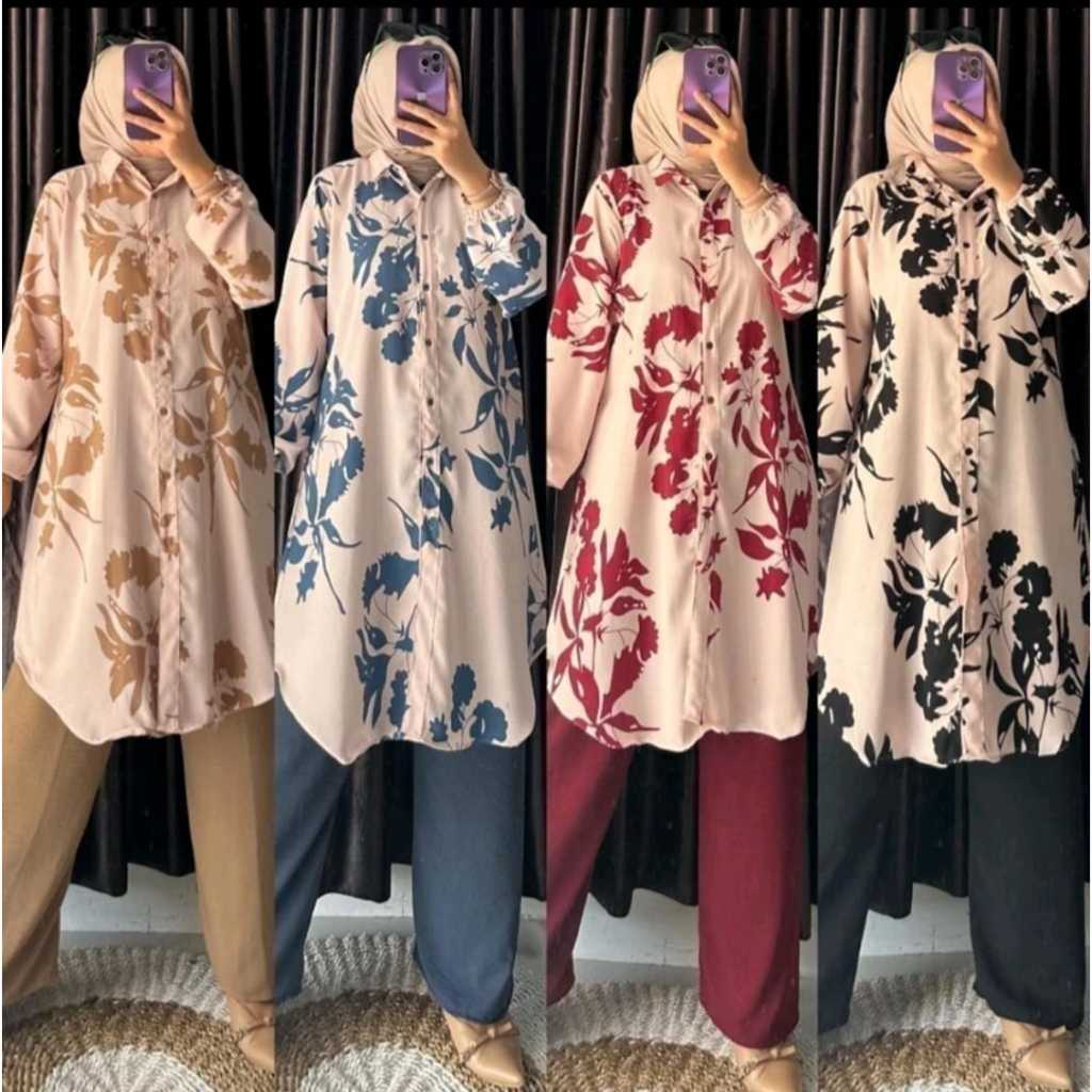 MUNNA TUNIK SET CELANA CRINKLE / Setelan Tunik Wanita Motif Bunga Panjang Muslim Jumbo LD120