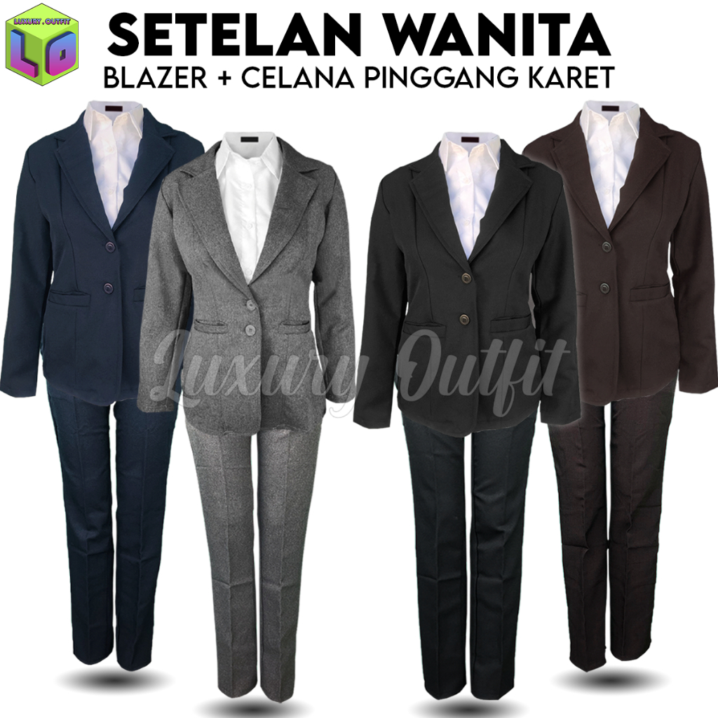 One Set Setelan Jas Blazer Celana Bahan Panjang Pinggang Karet Wanita Stelan Jas Kerja Kantor Cewe P