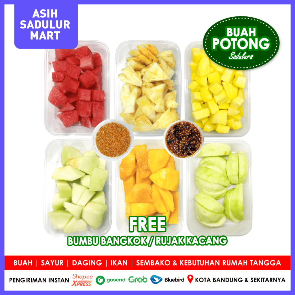 

Aneka Buah Potong +- 300gr dan Rujak Bandung Promo (Mangga, Buah Naga, Nanas, Pepaya, Semangka, Melon, Apel, Pear, Bengkuang, Jambu Kristal) | Asih Sadulur Mart