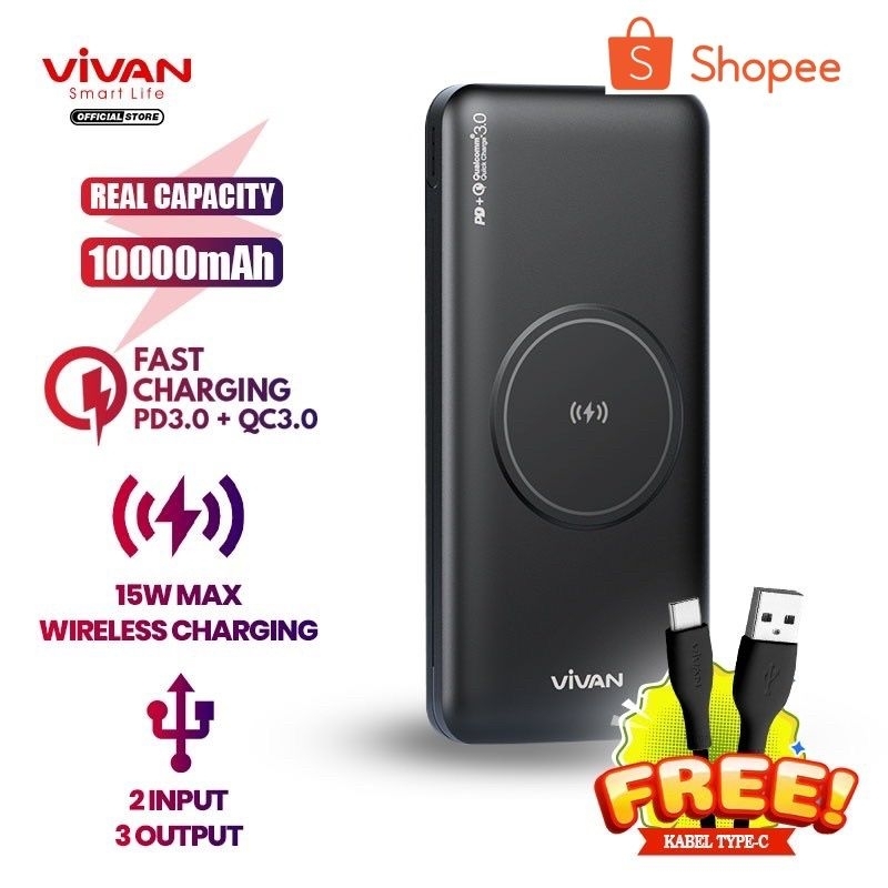 Powerbank Wireless Vivan W11 10000mAh QC3.0 Android iPhone PD Power Delivery Original Bergaransi VPB