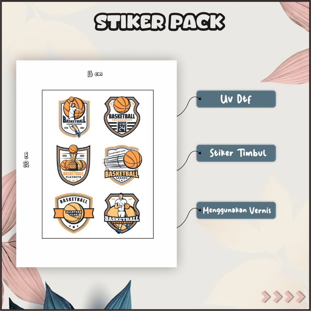 

Stiker Sticker Setiker Setikker Pack UV DTF Motif Bola Basket Orange Merah Bata P40