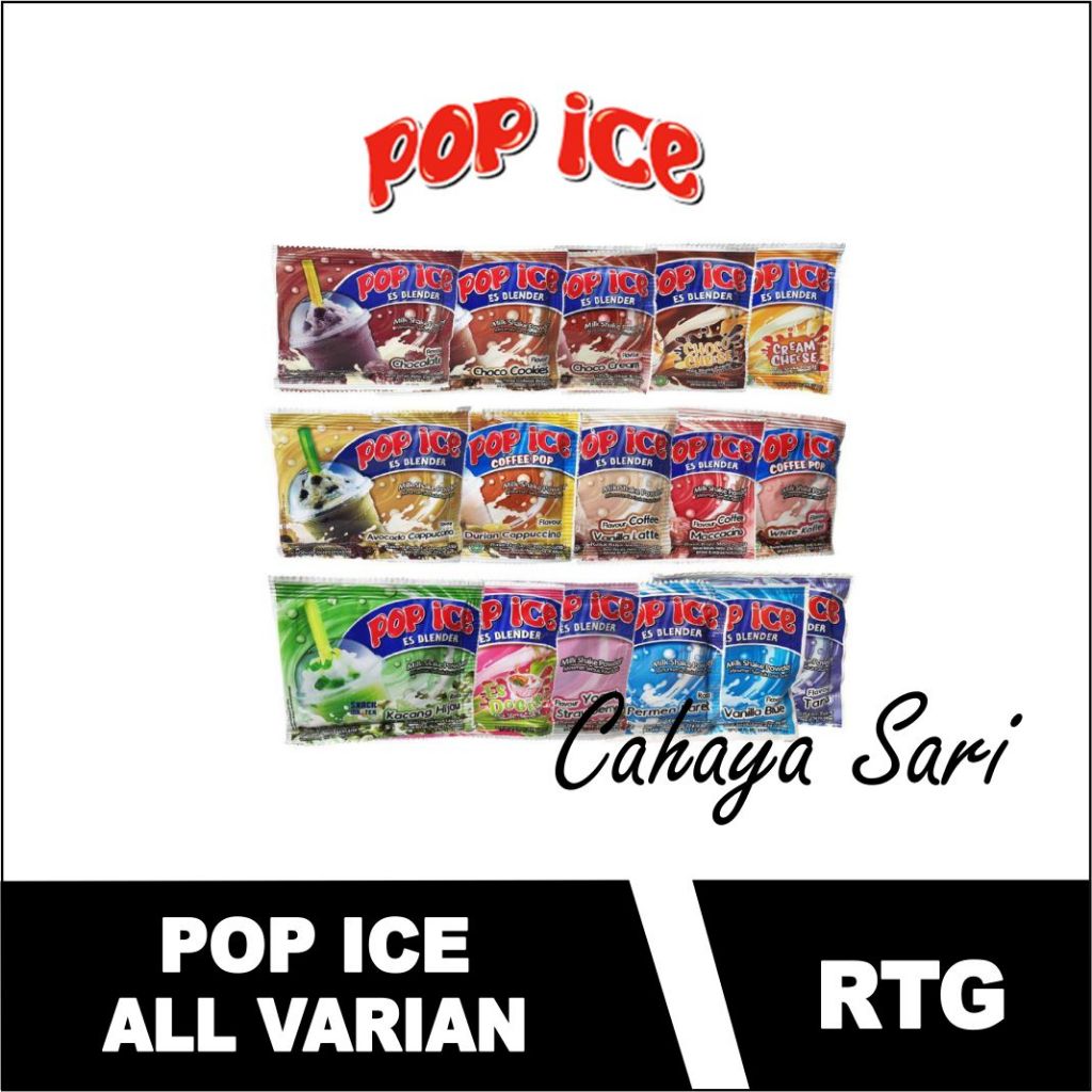 

Pop ice 25gr Es Blender Renceng isi 10Sachet Rasa Durian Melon Coklat Taro Avocado Strawberry