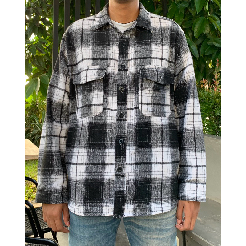 Flanel Veterano hitam putih tebal Ribsgold wol tebal vintage flanel