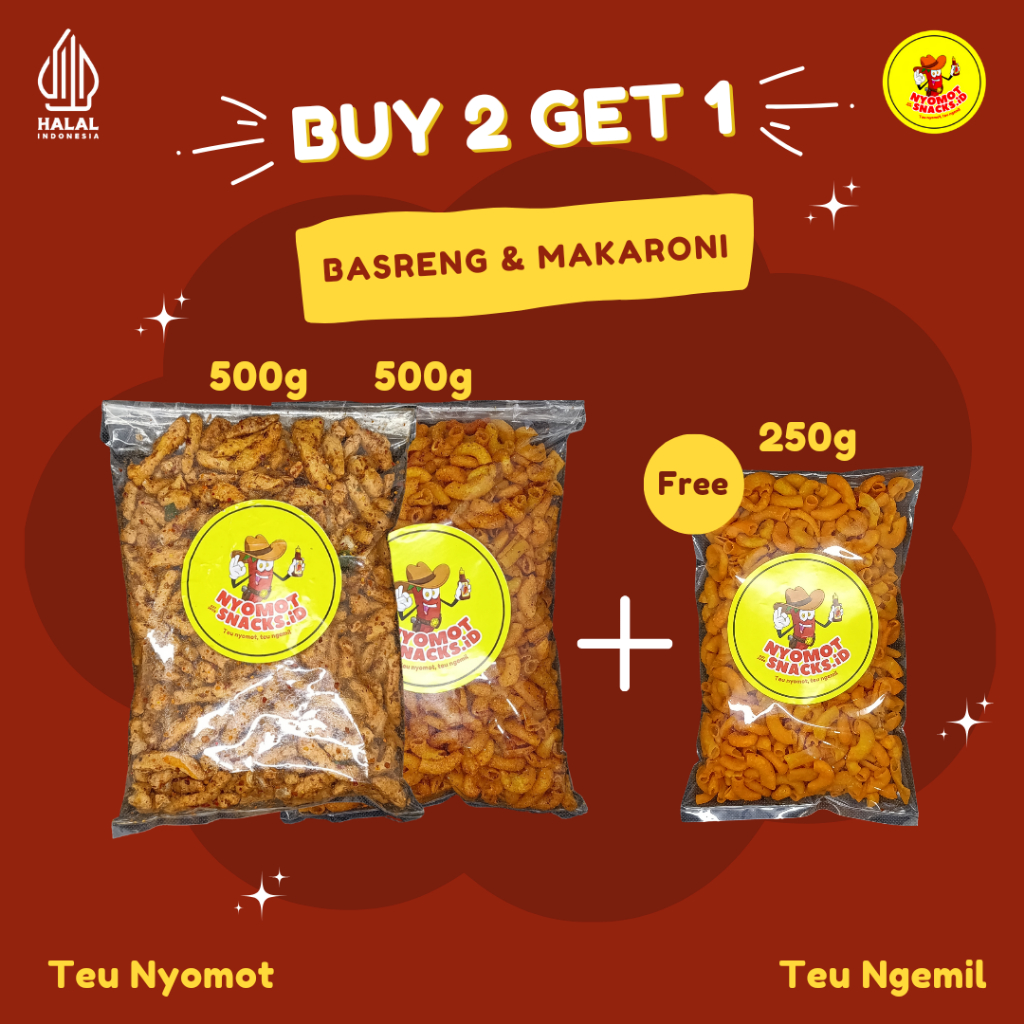 

(BUY 2 GET 1) Basreng 500g Makaroni Pedas Daun Jeruk 500g GRATIS Makaroni Keju 250g