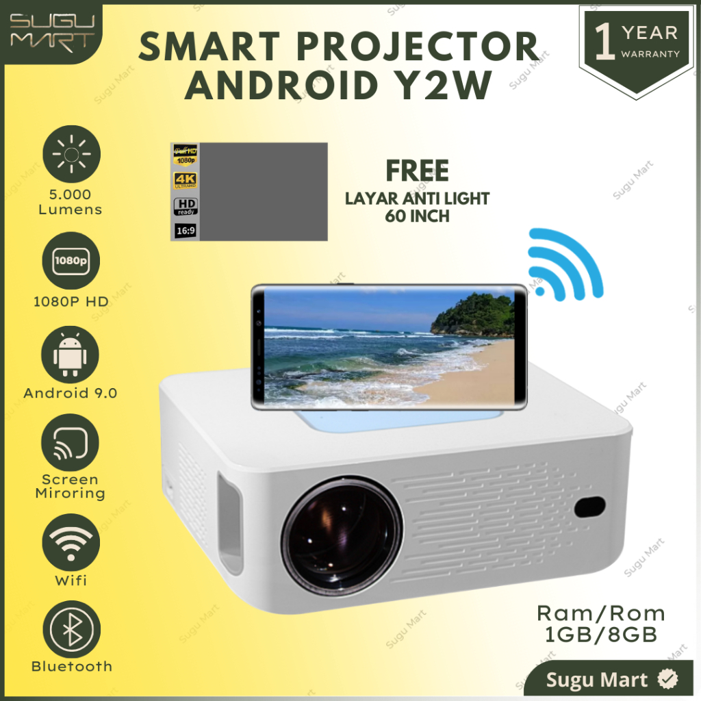 Proyektor Android Smart Proyektor Y2W 5000 Lumens Full HD 4K Proyektor Android Wifi Proyektor