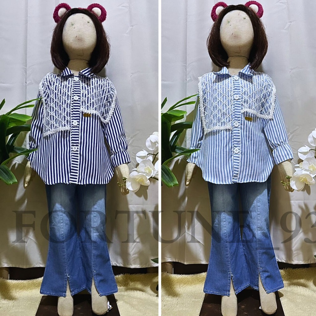 Setelan jeans anak perempuan stripe salur mix tile brukat usia 3 - 10 tahun celana kulot cutbray jea
