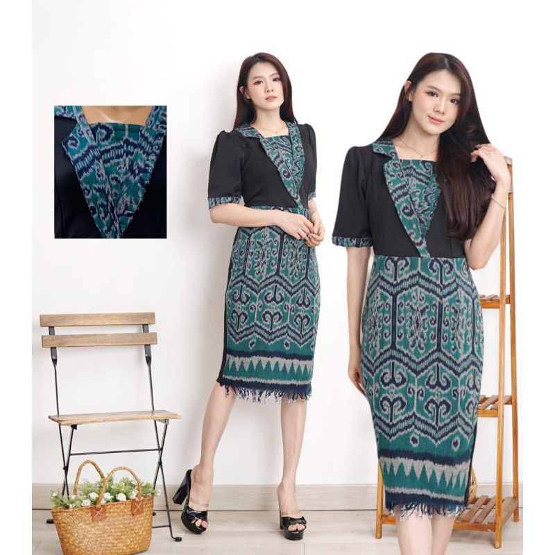 dress tenun blanket wanita dewasa pua kumbu warna hijau tenun etnik jepara motif kalimantan