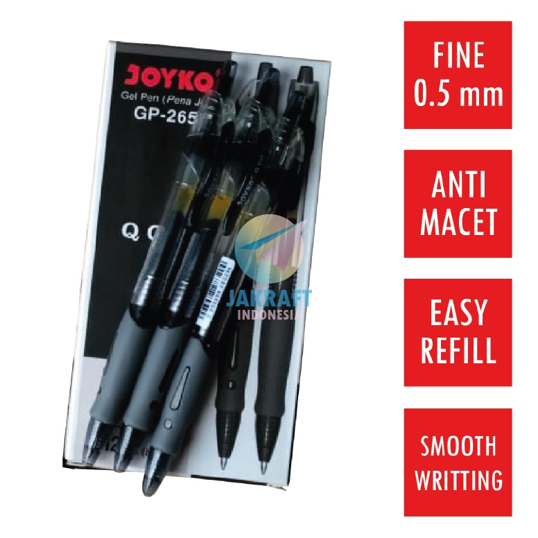 

KODE E6W2 12 Pcs Pulpen Gel Pen Klik JOYKO GP265 Q GEL Hitam Black 5 mm Anti Macet Luntur
