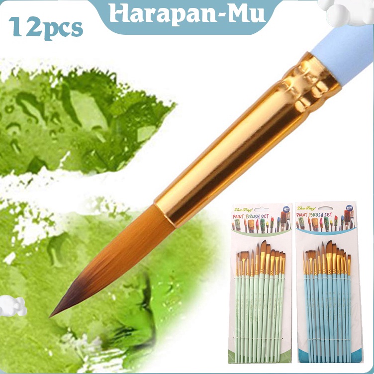 

KODE G5C Isi 12Set Kuas Cat Air Professional Nylon Hair Paint Brush Watercolor Acrylic Wooden Handle Painting Brushes Art Supplies