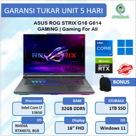 Asus Rog Strix G16 G614 RTX4070 8GB/ i7 13650 32GB 1TB W11 16.0"FHD IPS
