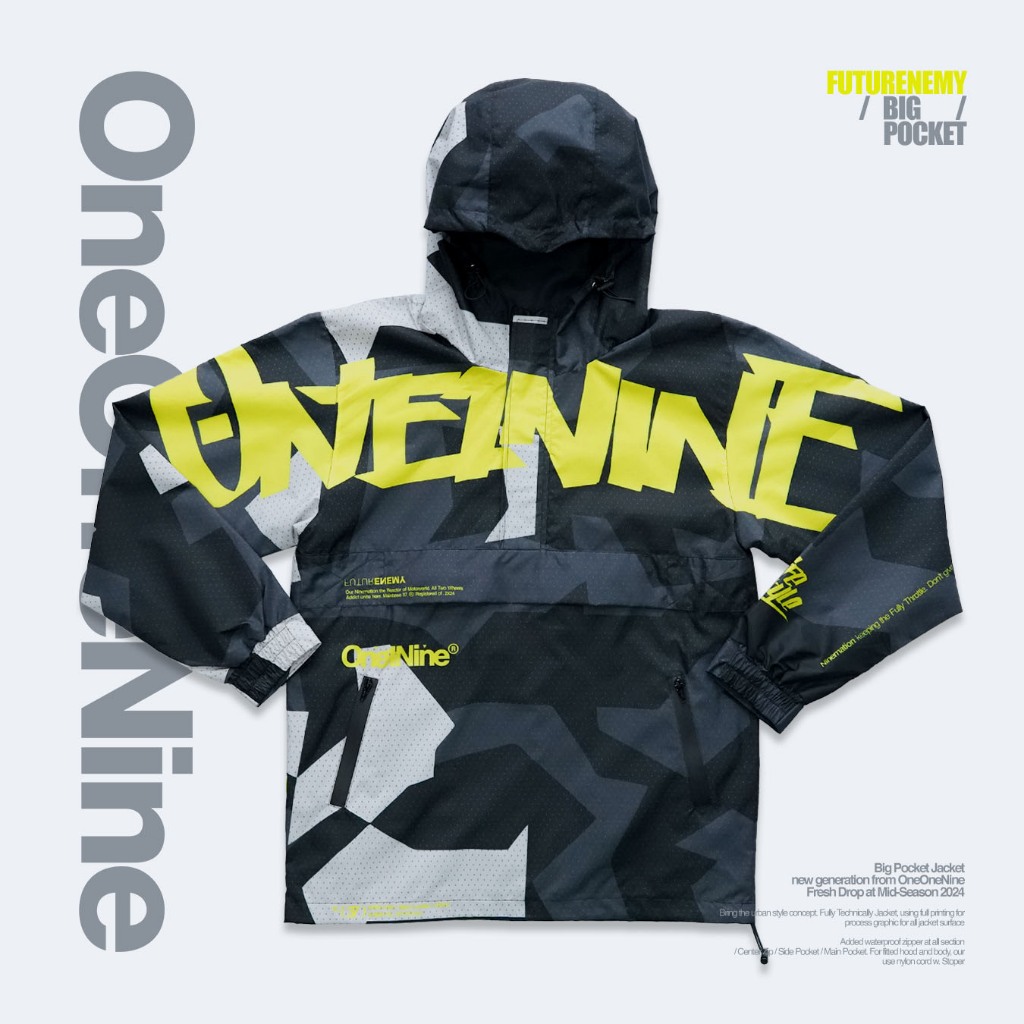 Oneonenine Ksr Jaket Big Pocket Futurenemy Black Yellow - Jaket Motor Sport Polyester Waterproof
