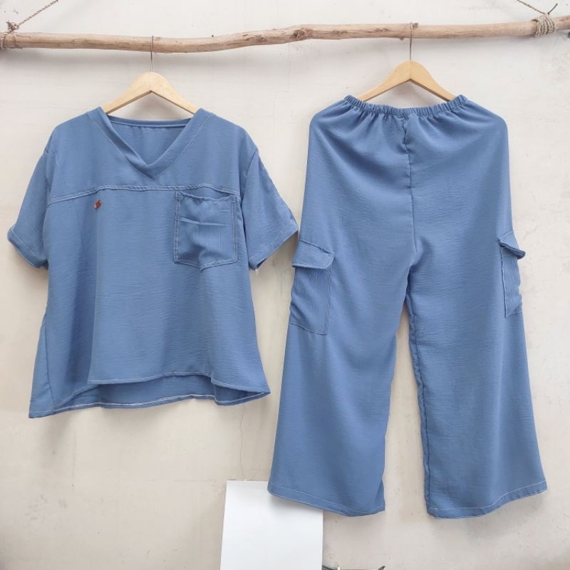 One Set Crinkle Airflow Celana Panjang Baju Pendek - Setelan CP Cargo Crinkle Airflow