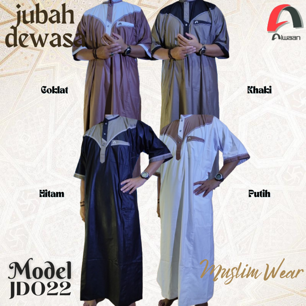 Baju/pakaian muslim pria koko gamis jubah dewasa ALWAAN/ATTALWIN JD022 Hitam, Cokelat, Khaki, Putih
