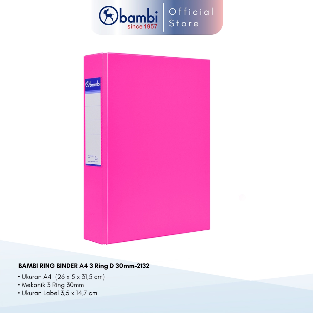 

Bambi Ring Binder A4 3 Ring D-Type Fluoro Pink MID SIZE 30 mm