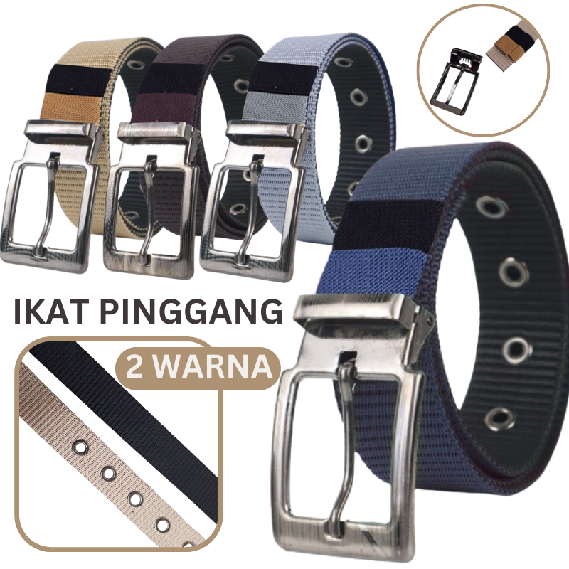 Tali Ikat Pinggang Pria Canvas 2 Warna Nylon Belt Gesper Sabuk Dua Sisi Model Kepala Jarum 2 in 1