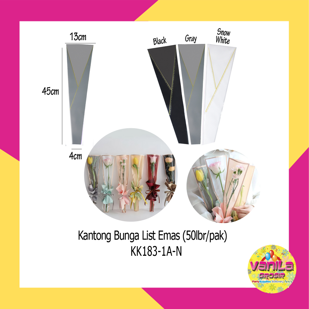 

(50Lembar) Kantong Plastik Bunga List Emas, plastik flower, kantong bunga, plastik pembungkus bunga