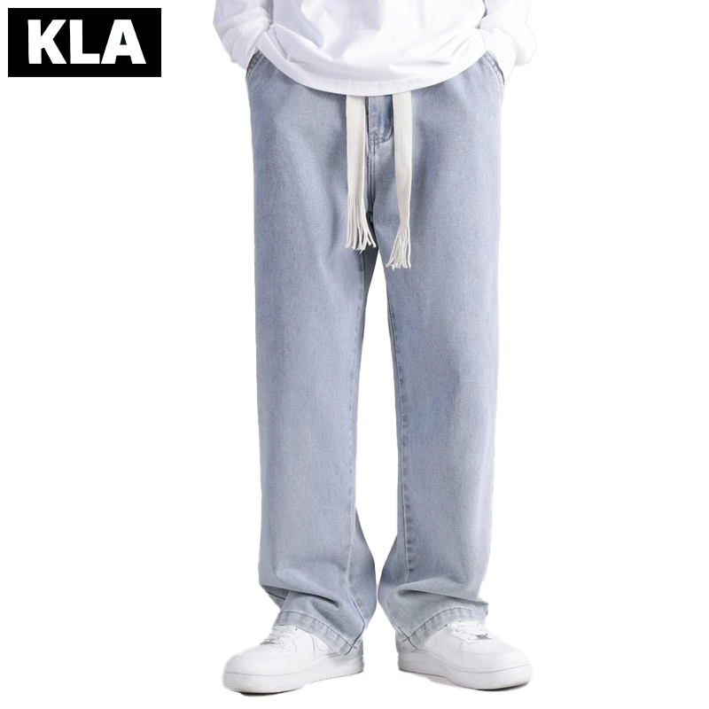 KLA Celana jins longgar Celana jeans panjang pria Korean style celana pinggang karet straight jeans