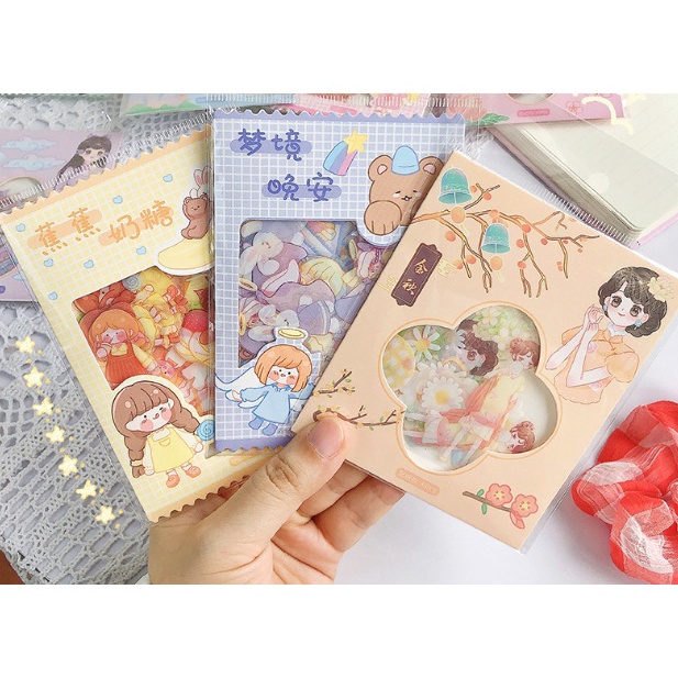 

SPESIAL DISKON Stamp Girl Sticker set Decorative Tumbler Aesthetic Stickers set Scarpbook Transparan