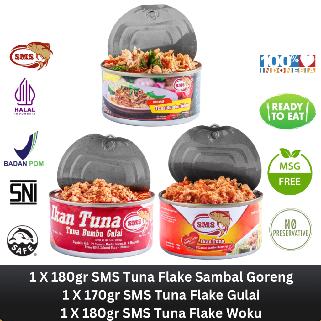 

SMS Tuna Kaleng Flake Dalam Sambal Goreng 180g & Bumbu Gulai 180g & Bumbu Woku 180g