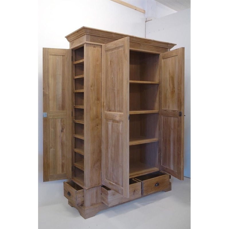 Almari Pakaian Kayu Jati Minimalis 2 Pintu, 1 Pintu Samping