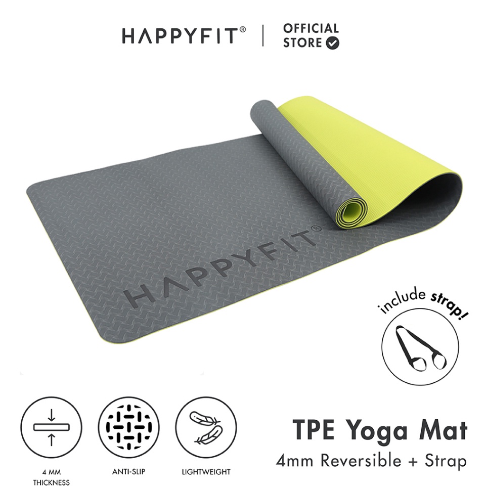 Super Model  HAPPYFIT  Yoga Mat Reversible TPE 4mm Eco Friendly FREE STRAP  Matras Yoga  Matras Olah