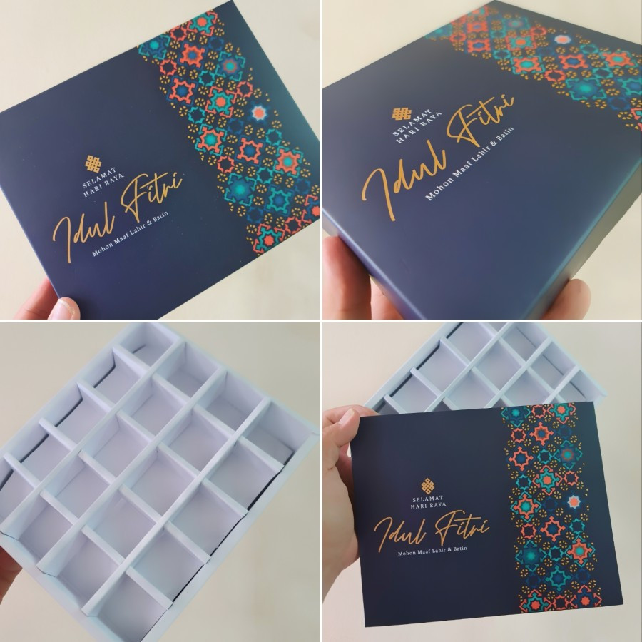 

5 pcs Dus mika idul fitri tempat kue nastar klasik sekat 20 warna biru batik bahan art carton 310 dan 360 gram