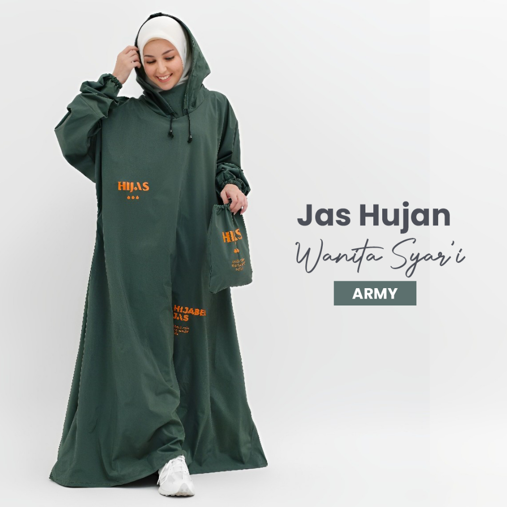 Shofiya - Jas Hujan Wanita Gamis Syar'i Non Zipper Warna Army Tebal Jumbo