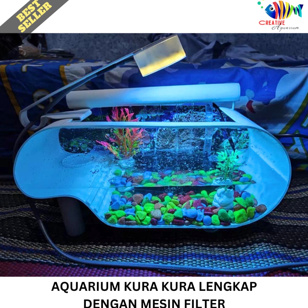 KODE W8I Aquarium kura kura aquarium mini full set dengan mesin filter air mancur rumah kura kura le