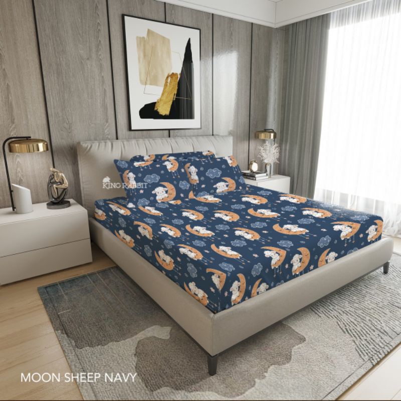 King Rabbit Reserve Sprei Sarung Bantal &  Sarung Guling Motif Moon Sheep Navy