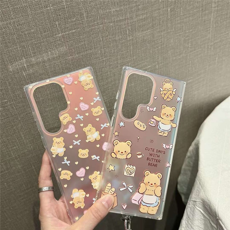 Case Hologram S25Ultra S25Plus S25 Butter Bear Bread Love Gemes Lucu Imut With Chain Gantungan Hp Ca