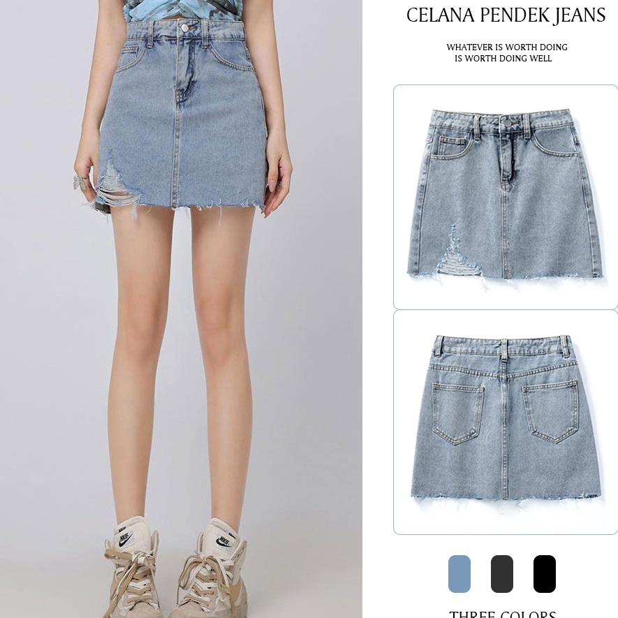 Hot  kekinian factory  rok korean style sobek rok jeans pendek wanita a line mini skirt ripped jeans